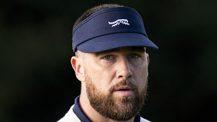 February 13, 2026; Pebble Beach, California, USA; Kansas City Chiefs tight end Travis Kelce on the first hole during the second round of the AT&T Pebble Beach Pro-Am golf tournament at Pebble Beach Golf Links. Mandatory Credit: Kyle Terada-Imagn Images