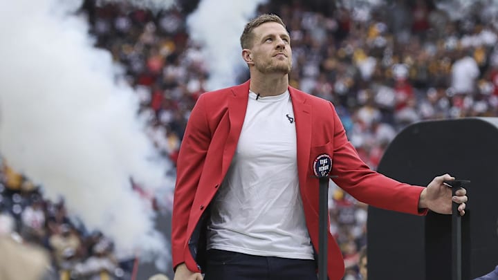 Oct 1, 2023; Houston, Texas, USA; Former Houston Texans player J.J. Watt after being inducted into the Texans Ring of Honor during the game against the Pittsburgh Steelers at NRG Stadium.