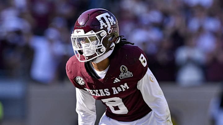 Dec 20, 2025; College Station, TX, USA; Texas A&M Aggies cornerback Jordan Shaw (8) gets into position during the game between the Aggies and the Hurricanes at Kyle Field. Mandatory Credit: Jerome Miron-Imagn Images