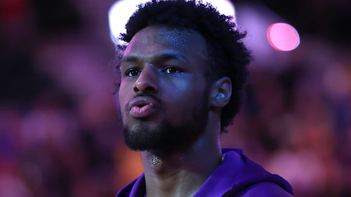 Los Angeles Lakers guard Bronny James (9) stands during the National Anthem before the Lakers play Portland Trail Blazers at Moda Center.