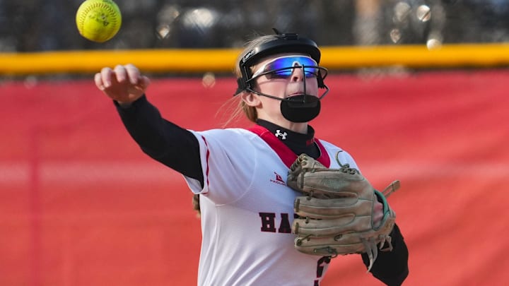 Sussex Hamilton's Leah Bickler (5) throws to first during a non-conference season-opening game verus Hartford on Wednesday, March 25, 2026. Sussex Hamilton's Leah Bickler (5) throws to first during a non-conference season-opening game verus Hartford on Wednesday, March 25, 2026.