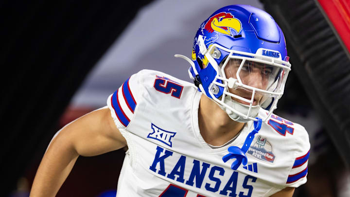 Dec 26, 2023; Phoenix, AZ, USA; Kansas Jayhawks defensive end Dean Miller (45) against the UNLV Rebels in the Guaranteed Rate Bowl at Chase Field.