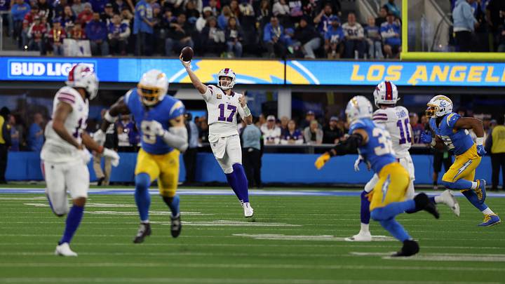 Dec 23, 2023; Inglewood, California, USA;  Buffalo Bills' quarterback Josh Allen (17) throws a 57-yard touchdown pass to wide receiver Gabe Davis (13) during the second quarter against the Los Angeles Chargers at SoFi Stadium.