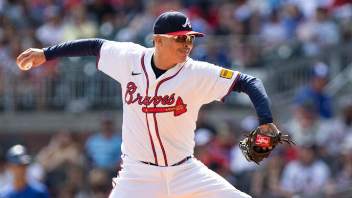 Atlanta Braves pitcher Jesse Chavez pitches against the Toronto Blue Jays during the ninth inning at Truist Park in Cumberland, Ga., on Sept. 8, 2024. Atlanta Braves pitcher Jesse Chavez pitches against the Toronto Blue Jays during the ninth inning at Truist Park in Cumberland, Ga., on Sept. 8, 2024.