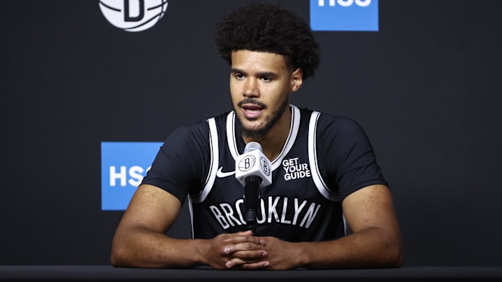 Sep 30, 2024; Brooklyn, NY, USA;  Brooklyn Nets forward Cameron Johnson (2) during media day at Brooklyn Nets Media Day at HSS Training Center. Mandatory Credit: Wendell Cruz-Imagn Images
