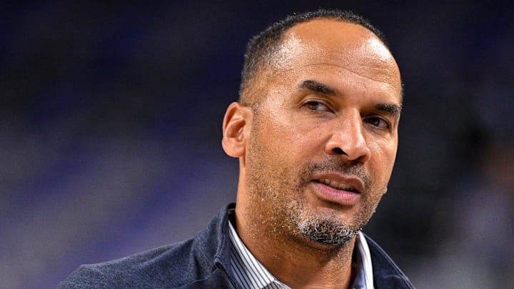 Oct. 6, 2025; Fort Worth, Texas, USA; Dallas Mavericks manager Nico Harrison looks on before the game between the Dallas Mavericks and the Oklahoma City Thunder at Dickie's Arena.