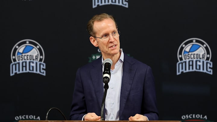 Apr 11, 2023; Orlando, Florida, USA;  Orlando Magic president of basketball operations Jeff Weltman speaks during a press conference for the new Orlando Magic G-League stadium at Osceola Heritage Park. Mandatory Credit: Nathan Ray Seebeck-Imagn Images