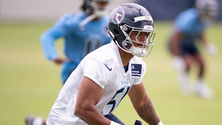 Tennessee Titans fourth-round draft pick Cedric Gray works out during rookie minicamp at Ascension Saint Thomas Sports Park in Nashville, Tenn., Friday, May 10, 2024