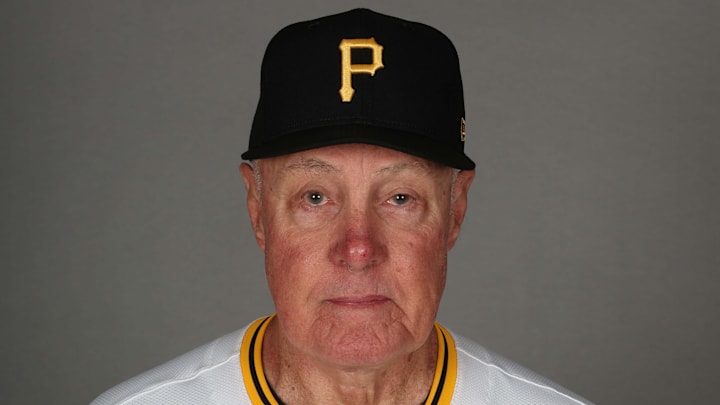 Feb 18, 2025; Bradenton, FL, USA; Pittsburgh Pirates assistant pitching coach Brent Strom (56) poses for a photo during media day at Pirate City. Mandatory Credit: Kim Klement Neitzel-Imagn Images