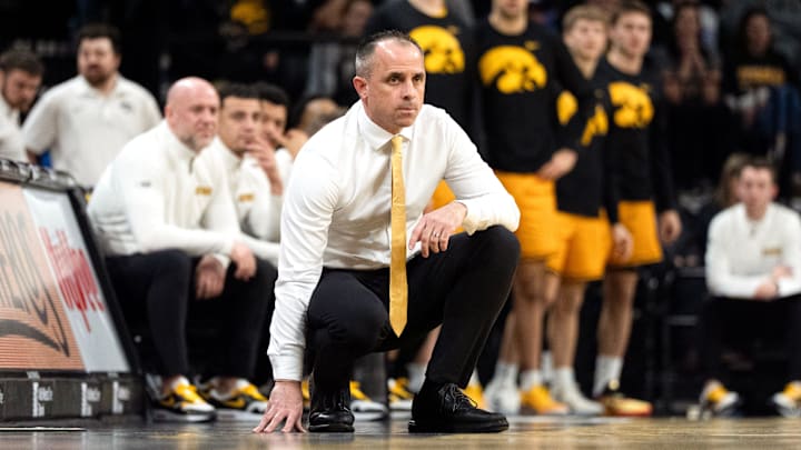 Iowa head coach Ben McCollum watches his team compete against the Ohio State Buckeyes Feb. 25, 2026 at Carver-Hawkeye Arena in Iowa City, Iowa.
