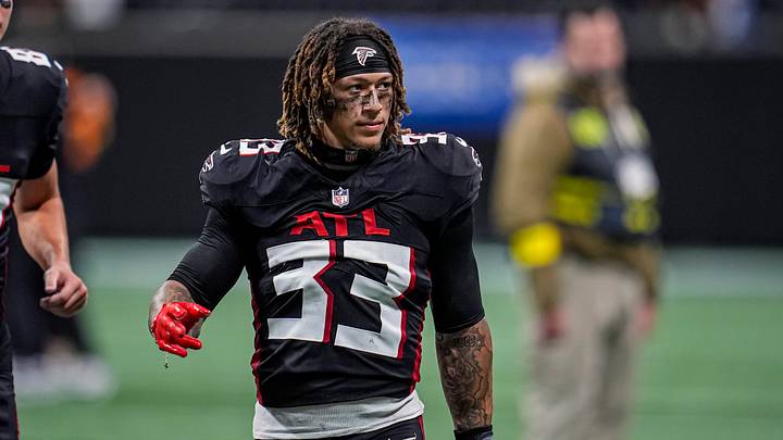 Sep 28, 2025; Atlanta, Georgia, USA; Atlanta Falcons safety Billy Bowman Jr. (33) shown on the field during the game against the Washington Commanders at Mercedes-Benz Stadium. Mandatory Credit: Dale Zanine-Imagn Images