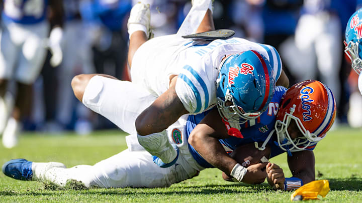 Mississippi Rebels defensive tackle Walter Nolen (2) sacks Florida Gators quarterback DJ Lagway.