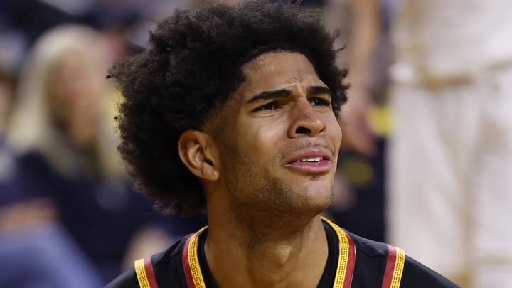 Jan 2, 2026; Ann Arbor, Michigan, USA; Southern California Trojans forward Jacob Cofie (6) reacts in the second half against the Michigan Wolverines at Crisler Center. Jan 2, 2026; Ann Arbor, Michigan, USA; Southern California Trojans forward Jacob Cofie (6) reacts in the second half against the Michigan Wolverines at Crisler Center.