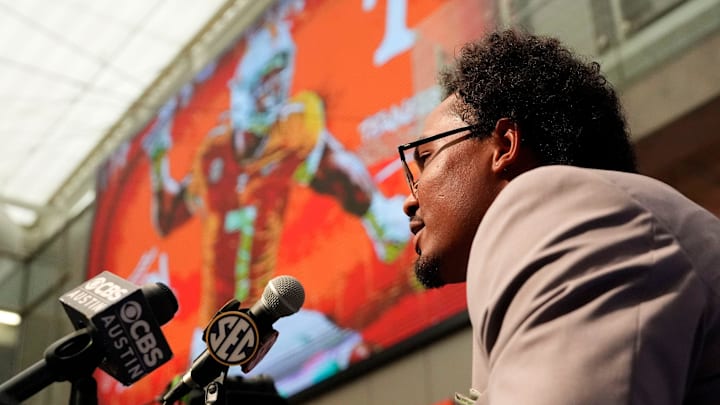 July 15, 2025; Atlanta, GA, USA; Tennessee player Arion Carter talks to members of the media during SEC Media Days at the College Football Hall of Fame in Atlanta.