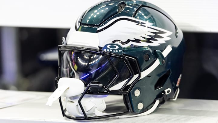 Feb 9, 2025; New Orleans, LA, USA; Detailed view of a Philadelphia Eagles helmet during Super Bowl LIX at Ceasars Superdome. Mandatory Credit: Mark J. Rebilas-Imagn Images