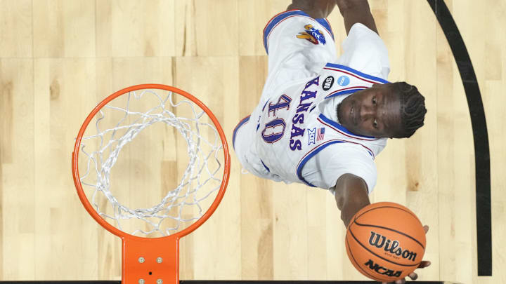 Mar 20, 2026; San Diego, CA, USA; Kansas Jayhawks forward Flory Bidunga (40) shoots the ball against the California Baptist Lancers during a first round game of the men's 2026 NCAA Tournament at Viejas Arena. Mandatory Credit: Kirby Lee-Imagn Images