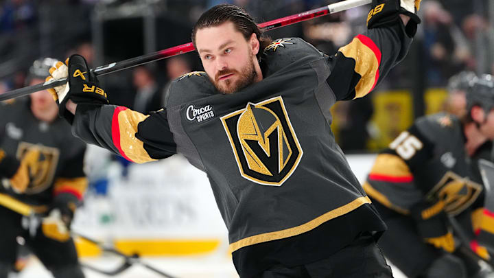 Feb 4, 2026; Las Vegas, Nevada, USA; Vegas Golden Knights defenseman Rasmus Andersson (4) warms up before the start of a game against the Vancouver Canucks at T-Mobile Arena. Mandatory Credit: Stephen R. Sylvanie-Imagn Images