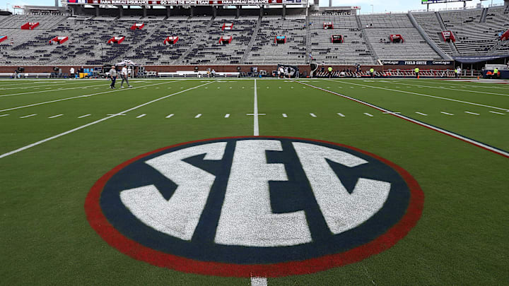 Sep 21, 2024; Oxford, Mississippi, USA; SEC logo on the field at Vaught-Hemingway Stadium before the game between the Georgia Southern Eagles and the Mississippi Rebels. Mandatory Credit: Petre Thomas-Imagn Images Sep 21, 2024; Oxford, Mississippi, USA; SEC logo on the field at Vaught-Hemingway Stadium before the game between the Georgia Southern Eagles and the Mississippi Rebels. Mandatory Credit: Petre Thomas-Imagn Images