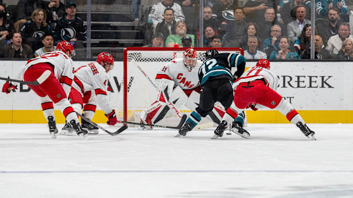 Mar 20, 2025; San Jose, California, USA; Carolina Hurricanes goaltender Frederik Andersen (31) makes a save against San Jose Sharks left wing William Eklund (72) during the first period at SAP Center at San Jose. Mandatory Credit: Neville E. Guard-Imagn Images Mar 20, 2025; San Jose, California, USA; Carolina Hurricanes goaltender Frederik Andersen (31) makes a save against San Jose Sharks left wing William Eklund (72) during the first period at SAP Center at San Jose. Mandatory Credit: Neville E. Guard-Imagn Images