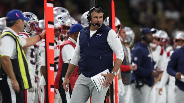Oct 12, 2025; New Orleans, Louisiana, USA; New England Patriots head coach Mike Vrabel on the sidelines during the second half against the New Orleans Saints at Caesars Superdome. Mandatory Credit: Stephen Lew-Imagn Images