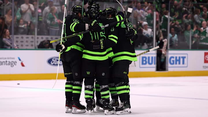 Apr 13, 2024; Dallas, Texas, USA; Dallas Stars players celebrate a power play goal against the