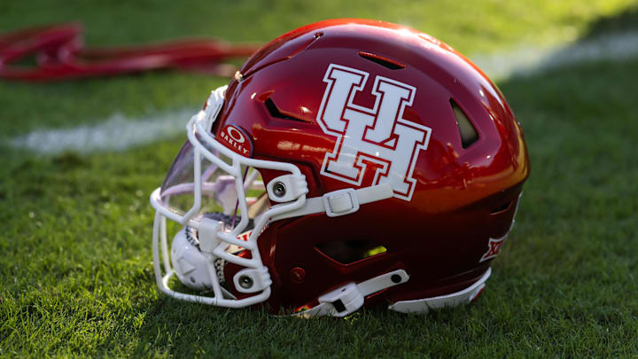 Detailed view of a Houston Cougars helmet at Mountain America Stadium.