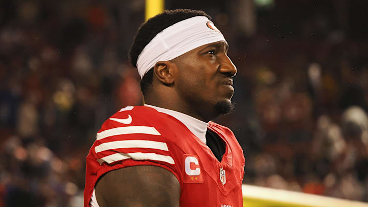 Dec 12, 2024; Santa Clara, California, USA; San Francisco 49ers wide receiver Deebo Samuel Sr (1) before the game against the Los Angeles Rams at Levi's Stadium. Mandatory Credit: Kelley L Cox-Imagn Images