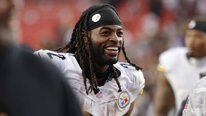 Nov 10, 2024; Landover, Maryland, USA; Pittsburgh Steelers running back Najee Harris (22) walks off the field after defeating the Washington Commanders at Northwest Stadium. Mandatory Credit: Amber Searls-Imagn Images