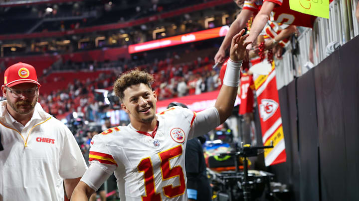 Kansas City Chiefs quarterback Patrick Mahomes celebrates with fans after a victory over the Atlanta Falcons at Mercedes-Benz Stadium. 