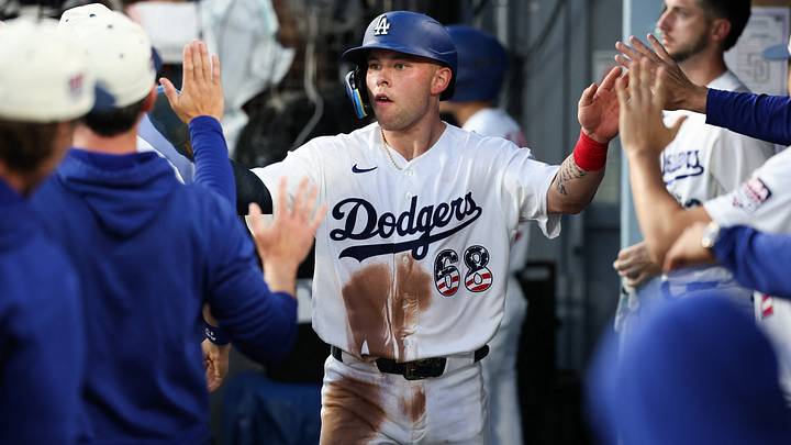 Jul 4, 2026; Los Angeles, California, USA; Los Angeles Dodgers catcher Dalton Rushing (68) celebrates after scoring in the third inning against the San Diego Padres at Dodger Stadium. Mandatory Credit: Kiyoshi Mio-Imagn Images