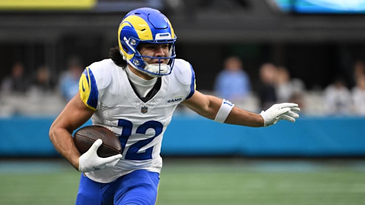 Los Angeles Rams wide receiver Puka Nacua (12) on the field in the first quarter in an NFC Wild Card Round game at Bank of America Stadium. 