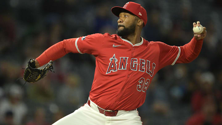Los Angeles Angels pitcher Amir Garrett (32) delivers to the plate in the sixth inning against the Kansas City Royals on May 9, 2024, at Angel Stadium in Anaheim, California.