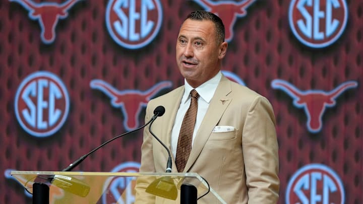 July 15, 2025; Atlanta, GA, USA; Texas head coach Steve Sarkisian speaks during SEC Media Days at the College Football Hall of Fame in Atlanta.