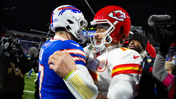 Jan 21, 2024; Orchard Park, New York, USA; Kansas City Chiefs quarterback Patrick Mahomes (15) greets Buffalo Bills quarterback Josh Allen (17) following the 2024 AFC divisional round game at Highmark Stadium.