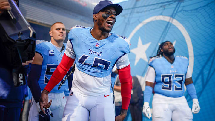 Nov 23, 2025; Nashville, Tennessee, USA; Tennessee Titans linebacker Arden Key (49) prepares to enter the field before the game against the Seattle Seahawks at Nissan Stadium. Mandatory Credit: Andrew Nelles-USA TODAY Network via Imagn Images Nov 23, 2025; Nashville, Tennessee, USA; Tennessee Titans linebacker Arden Key (49) prepares to enter the field before the game against the Seattle Seahawks at Nissan Stadium. Mandatory Credit: Andrew Nelles-USA TODAY Network via Imagn Images