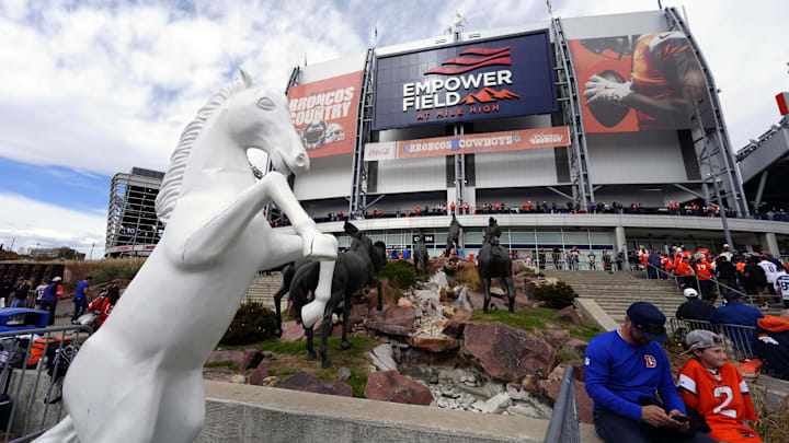 Oct 26, 2025; Denver, Colorado, USA; General view of the stadium exterior before the game between the Dallas Cowboys and the Denver Broncos at Empower Field at Mile High. 