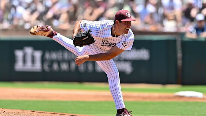 Jun 8, 2024; College Station, TX, USA; Texas A&M pitcher Ryan Prager (18) delivers a pitch during the first inning against the Oregon at Olsen Field, Blue Bell Park Mandatory Credit: Maria Lysaker-Imagn Images Jun 8, 2024; College Station, TX, USA; Texas A&M pitcher Ryan Prager (18) delivers a pitch during the first inning against the Oregon at Olsen Field, Blue Bell Park Mandatory Credit: Maria Lysaker-Imagn Images