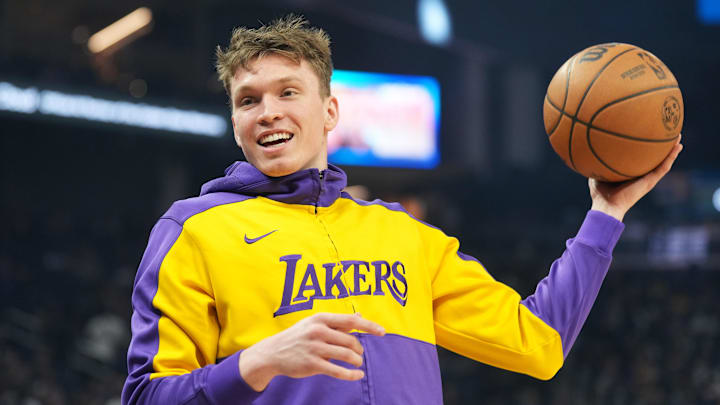 Jan 25, 2025; San Francisco, California, USA; Los Angeles Lakers guard Dalton Knecht (4) before the game against the Golden State Warriors at Chase Center. Mandatory Credit: Darren Yamashita-Imagn Images
