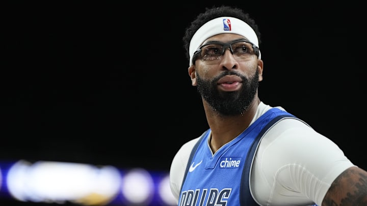 Oct 15, 2025; Las Vegas, Nevada, USA; Dallas Mavericks forward Anthony Davis (3) looks outward during the first half against the Los Angeles Lakers at T-Mobile Arena. Mandatory Credit: Lucas Peltier-Imagn Images Oct 15, 2025; Las Vegas, Nevada, USA; Dallas Mavericks forward Anthony Davis (3) looks outward during the first half against the Los Angeles Lakers at T-Mobile Arena. Mandatory Credit: Lucas Peltier-Imagn Images