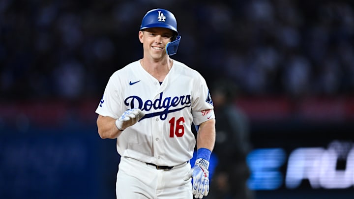Apr 24, 2026; Los Angeles, California, USA; Los Angeles Dodgers catcher Will Smith (16) rounds the bases after hitting a three run home run during the third inning against the Chicago Cubs at Dodger Stadium. Mandatory Credit: William Liang-Imagn Images