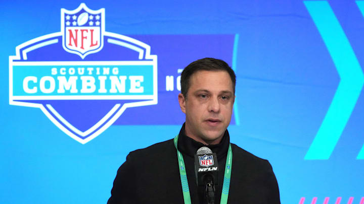 Feb 27, 2024; Indianapolis, IN, USA; Kansas City Chiefs general manager Brett Veach speaks during a press conference at the NFL Scouting Combine at Indiana Convention Center. Mandatory Credit: Kirby Lee-Imagn Images Feb 27, 2024; Indianapolis, IN, USA; Kansas City Chiefs general manager Brett Veach speaks during a press conference at the NFL Scouting Combine at Indiana Convention Center. Mandatory Credit: Kirby Lee-Imagn Images