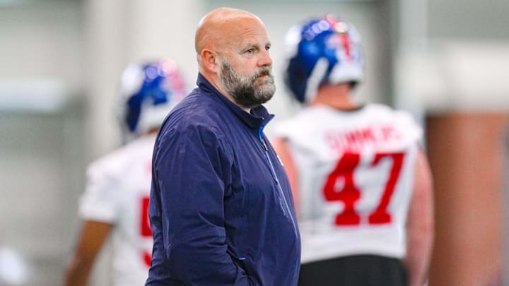 Jun 18, 2025; East Rutherford, NJ, USA; New York Giants head coach Brian Daboll looks on during minicamp at Quest Diagnostics Training Center. Mandatory Credit: John Jones-Imagn Images