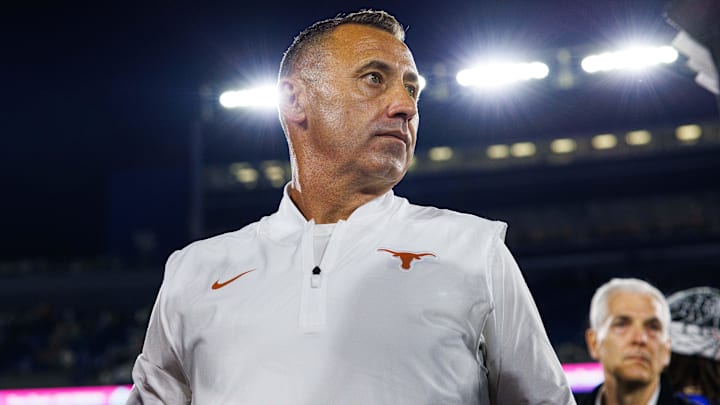 Texas Longhorns head coach Steve Sarkisian is interviewed by the media after the game against the Kentucky Wildcats at Kroger Field. Texas Longhorns head coach Steve Sarkisian is interviewed by the media after the game against the Kentucky Wildcats at Kroger Field.
