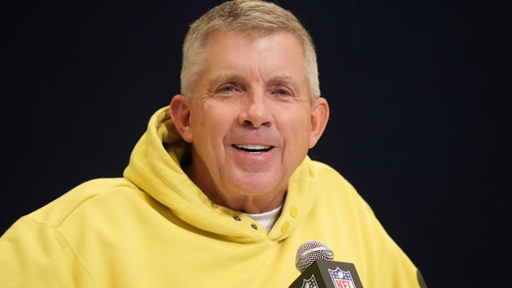 Feb 25, 2025; Indianapolis, IN, USA; Denver Broncos coach Sean Payton speaks during the NFL Scouting Combine at the Indiana Convention Center. Mandatory Credit: Kirby Lee-Imagn Images