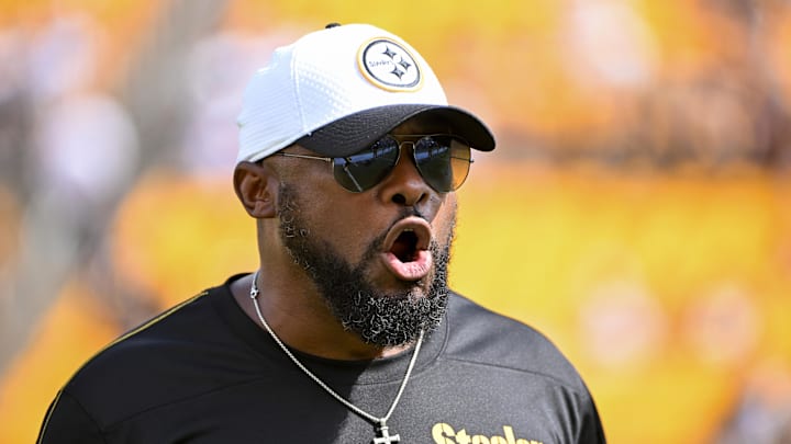 Sep 22, 2024; Pittsburgh, Pennsylvania, USA; Pittsburgh Steelers head coach Mike Tomlin watches warmups for a game against the Los Angeles Chargers at Acrisure Stadium. Mandatory Credit: Barry Reeger-Imagn Images