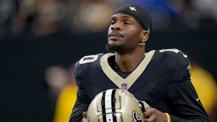 Dec 29, 2024; New Orleans, Louisiana, USA; New Orleans Saints wide receiver Marquez Valdes-Scantling (10) walks the field before a game against the Las Vegas Raiders at Caesars Superdome. Mandatory Credit: Matthew Hinton-Imagn Images
