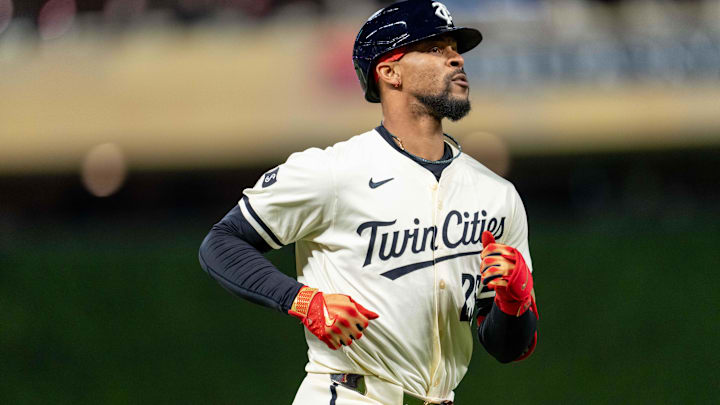 Apr 23, 2024; Minneapolis, Minnesota, USA; Minnesota Twins outfielder Byron Buxton (25) hits a solo