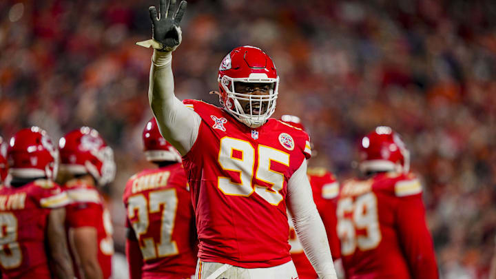 Dec 25, 2025; Kansas City, Missouri, USA; Kansas City Chiefs defensive tackle Chris Jones (95) gestures to teh crowd during the third quarter at GEHA Field at Arrowhead Stadium. Mandatory Credit: Jay Biggerstaff-Imagn Images