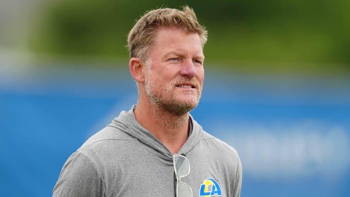 May 23, 2023, Thousand Oaks, CA, USA; Los Angeles Rams general manager Les Snead during organized team activities at Cal Lutheran.