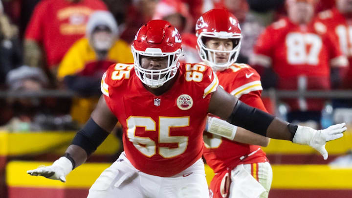 Jan 26, 2025; Kansas City, MO, USA; Kansas City Chiefs guard Trey Smith (65) against the Buffalo Bills in the AFC Championship game at GEHA Field at Arrowhead Stadium. Mandatory Credit: Mark J. Rebilas-Imagn Images